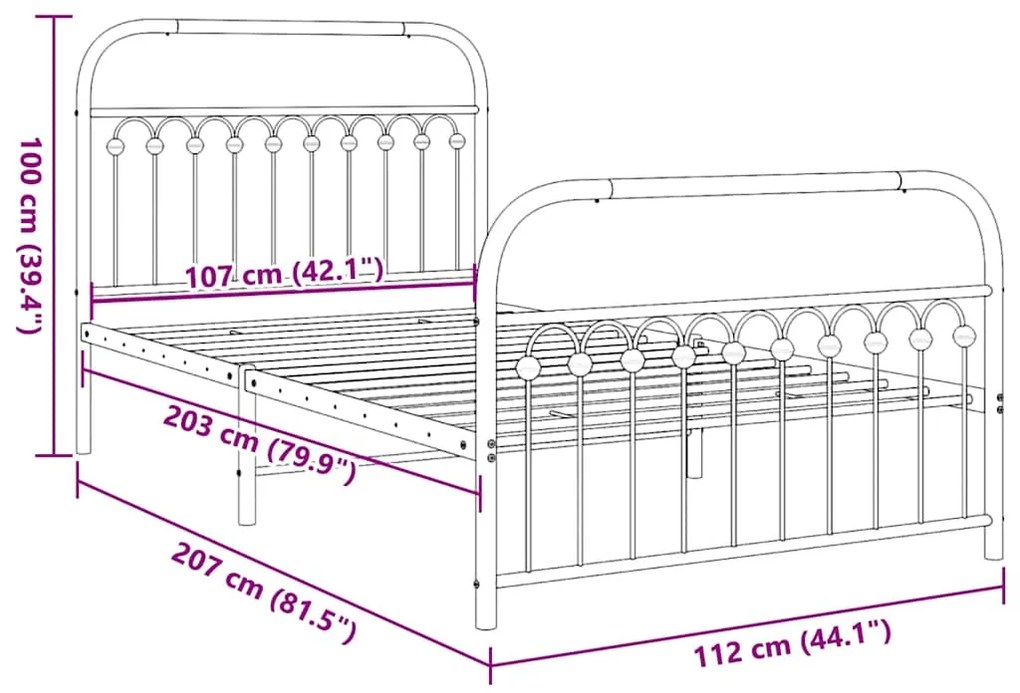 Estrutura de cama com cabeceira e pés 107x203 cm metal preto