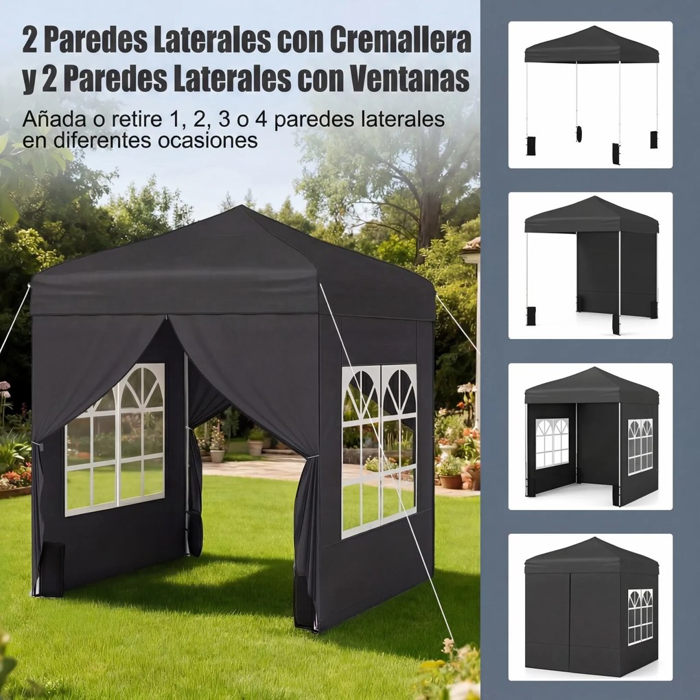 Tenda dobrável 194 x 194 cm, com 4 paredes laterais, 3 alturas ajustáveis, e 4 sacos de areia, 8 estacas, Preta