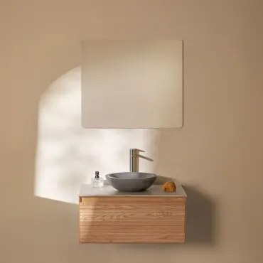 Conjunto De Móvel De Casa De Banho Suspenso Em Madeira De Freixo Tedrik Castanho Fresno & Cimento Cinzento Redondo Ø40 Cm Tarsis & Led - Sklum