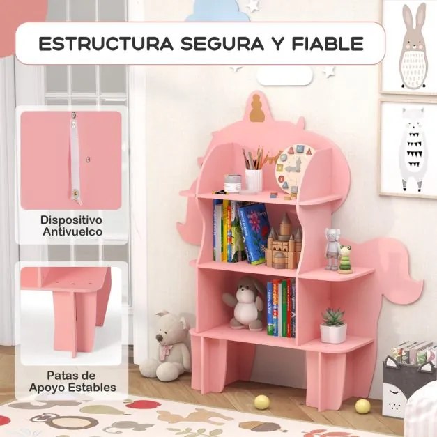 Estante de Unicórnio de Madeira de 3 Níveis para Crianças Organizador de Brinquedos com Estantes de Armazenamento Abertas Rosa