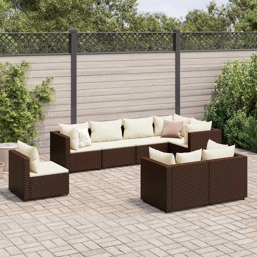 vidaXL 8 pcs conjunto lounge de jardim c/ almofadões vime PE castanho