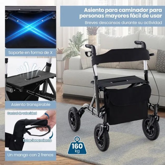 Andarilho dobrável para adultos idosos com assento 24 cm Rodas pneumáticas todo-o-terreno Saco de arrumação Carga 160 kg Preto