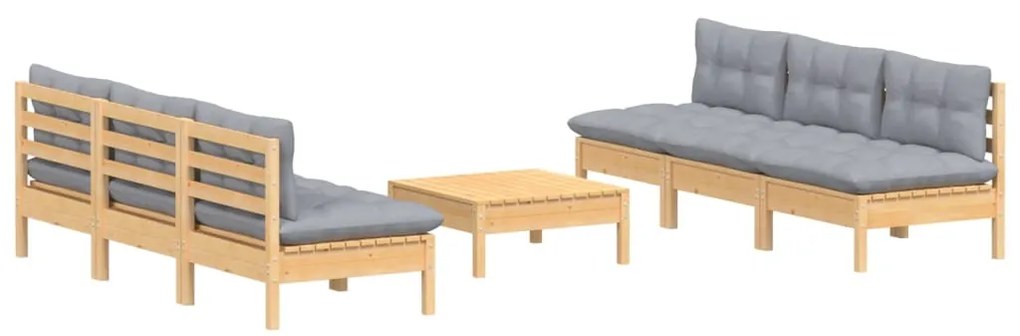 7 pcs conjunto lounge de jardim c/ almofadões cinzentos pinho