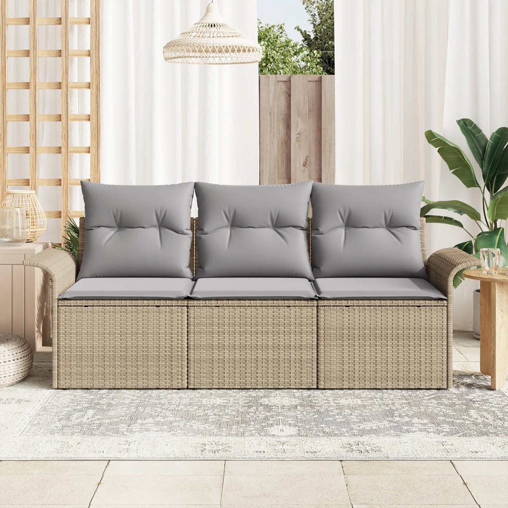 Conjunto de Sofá de Jardim de 3 Peças com Almofadas em Vime Bege