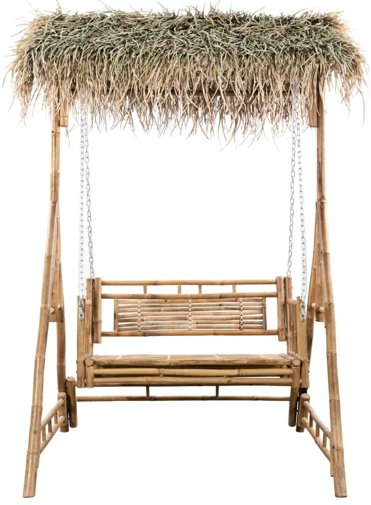 Banco baloiço 2 lug. bambu c/ folhas palmeira e almofadão 202cm