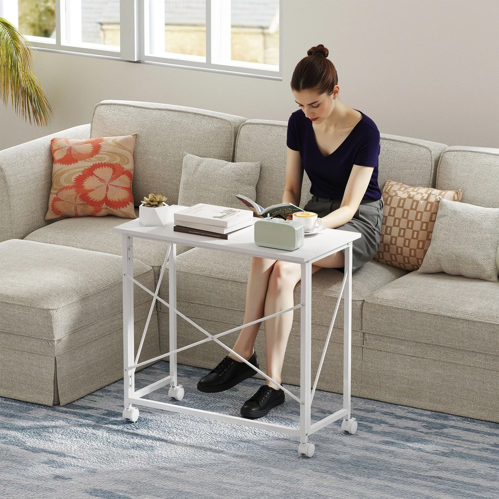 Secretária dobrável com mesa para computador de 80 x 40 cm com rodas, para escritório em casa, quarto e espaços pequenos, branca