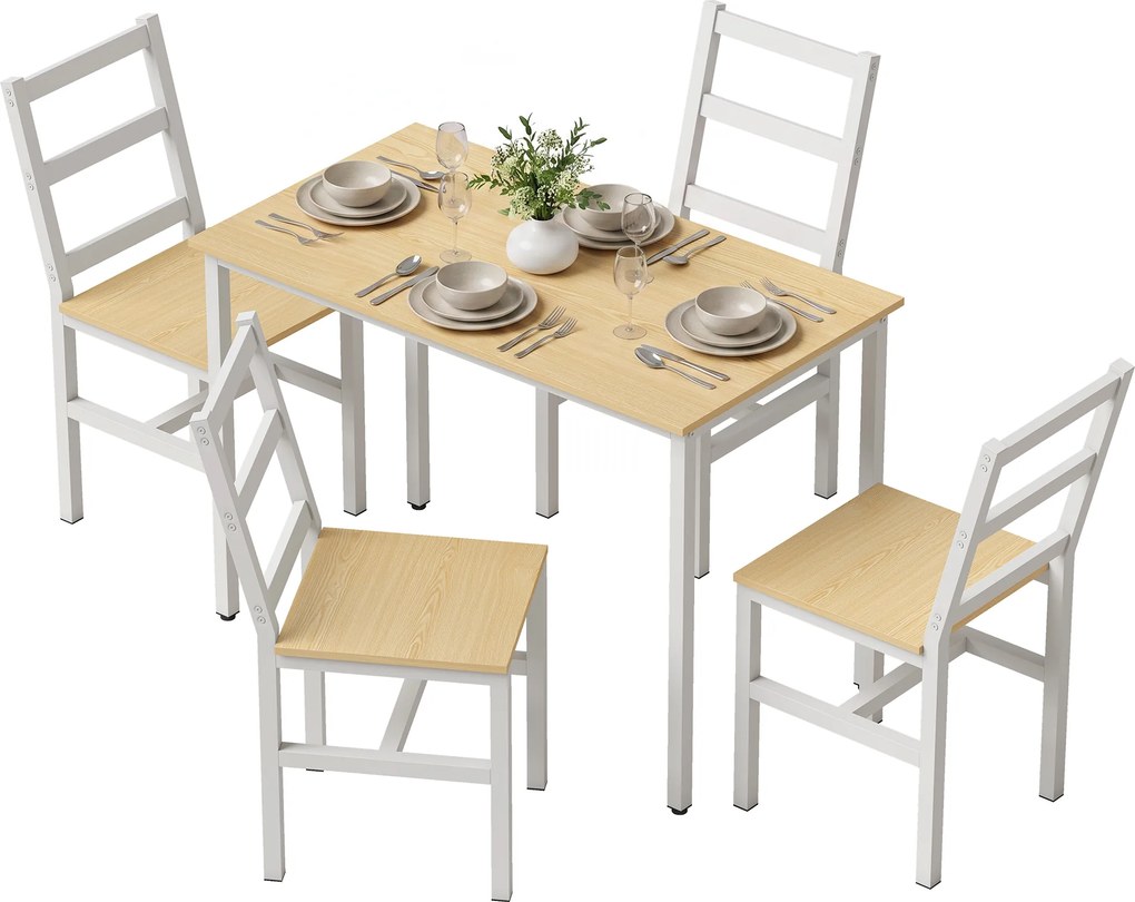 Conjunto de Mesa de Jantar e 4 Cadeiras, 108 x 60 x 75 cm, Encosto de Ripas, Cor Carvalho