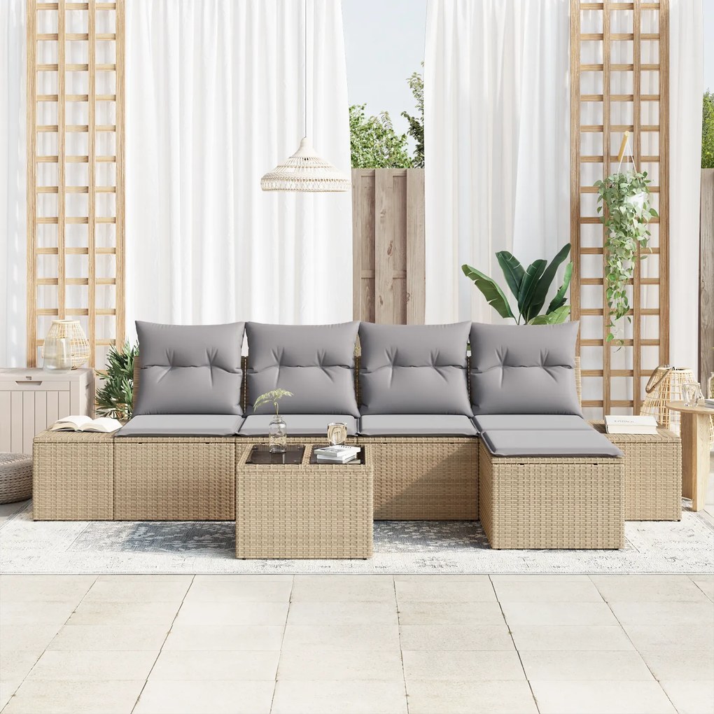 Conjunto de Sofá de Jardim de 6 Peças com Almofadas de Rattan Preto