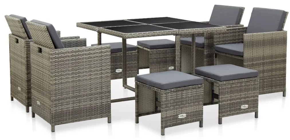 9 pcs conjunto jantar exterior c/ almofadões vime PE cinzento
