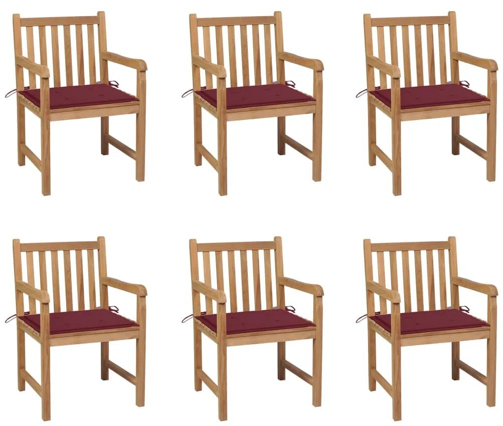 Cadeiras de jardim almofadões vermelho tinto 6 pcs teca maciça