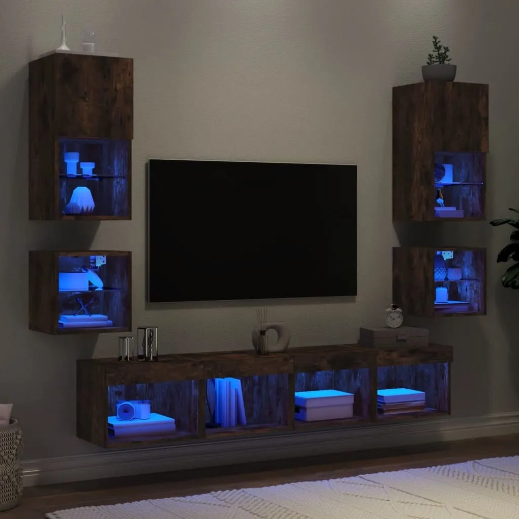 vidaXL 8pcs móveis parede p/ TV c/ LEDs deriv. madeira carvalho fumado