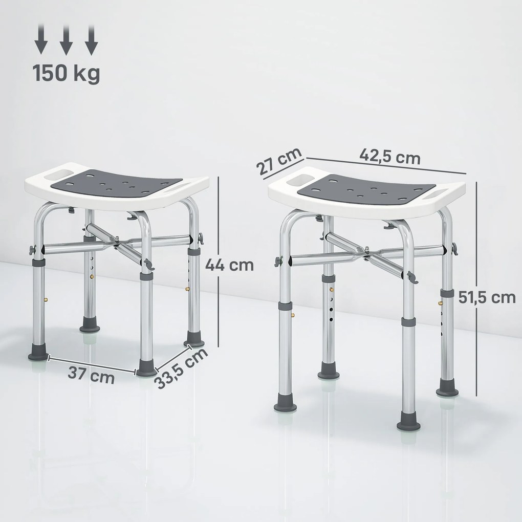 Banco de duche 42,5 L x 27 P x 44-51,5 A cm assento almofadado e ajustável, pés com ventosas antiderrapantes, em alumínio cinzento