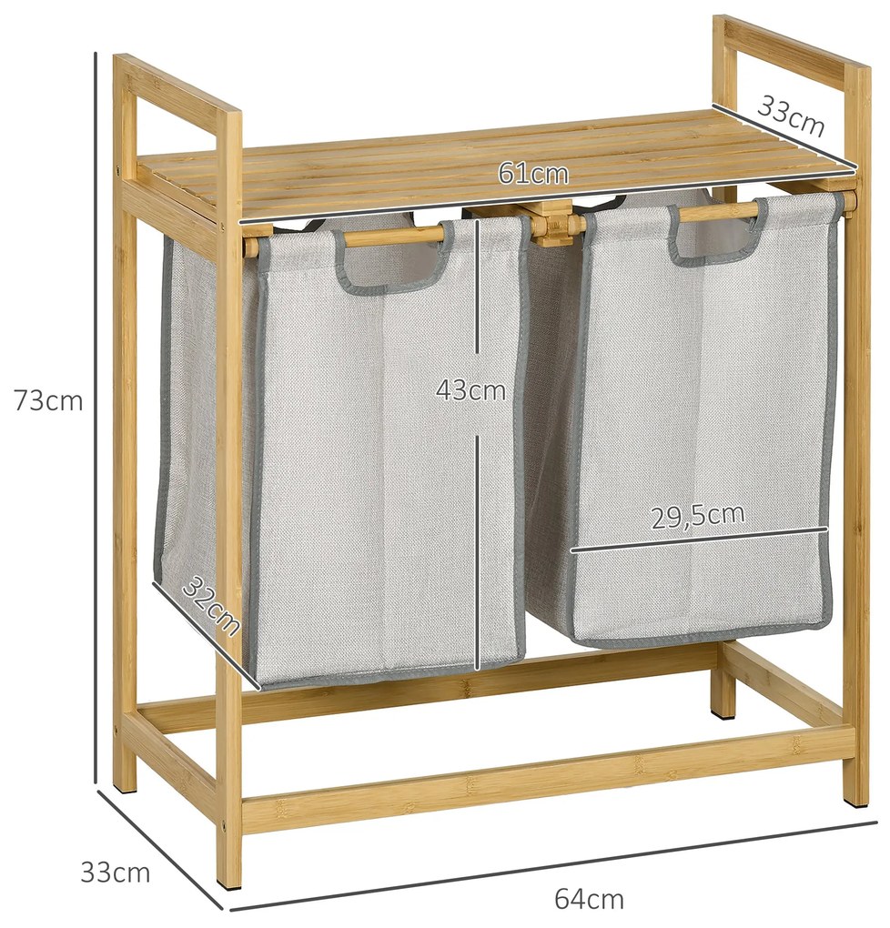 Cesto de Roupa de Bambu Cesto de Roupa Suja com 2 Bolsas Amovíveis e 2