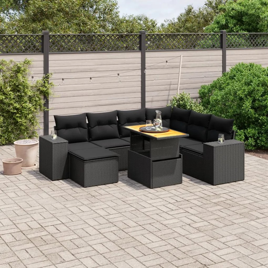 vidaXL 8 pcs conjunto sofás de jardim com almofadões vime PE preto