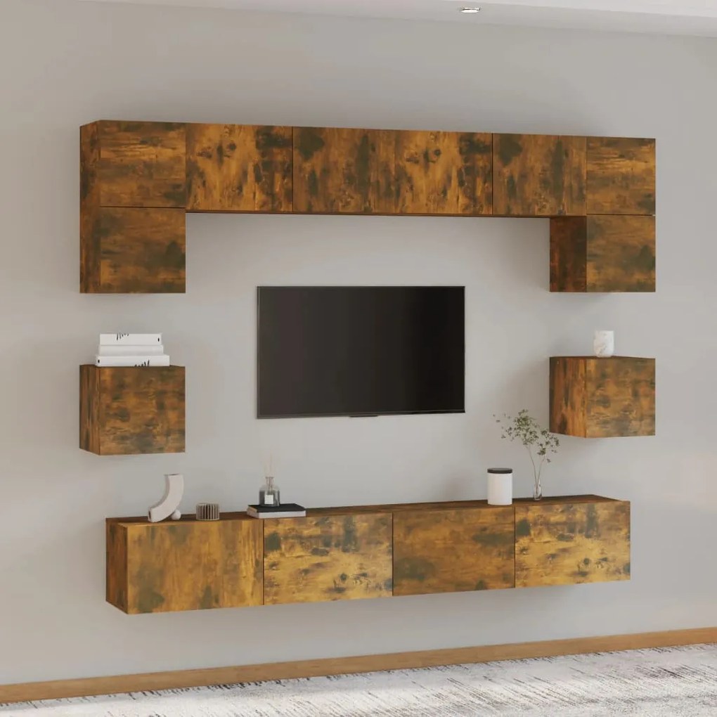 vidaXL Conjunto móveis de TV 8 pcs madeira processada carvalho fumado