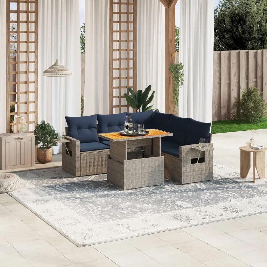 vidaXL 6 pcs conjunto sofás p/ jardim c/ almofadões vime PE cinzento