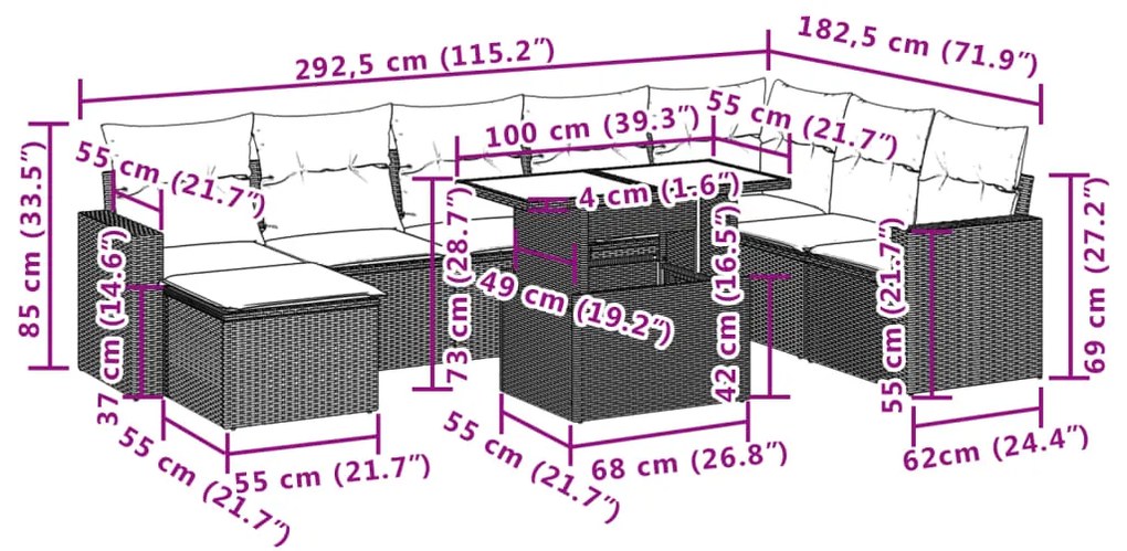 9 pcs conj. sofás jardim com almofadões vime PE cinzento-claro