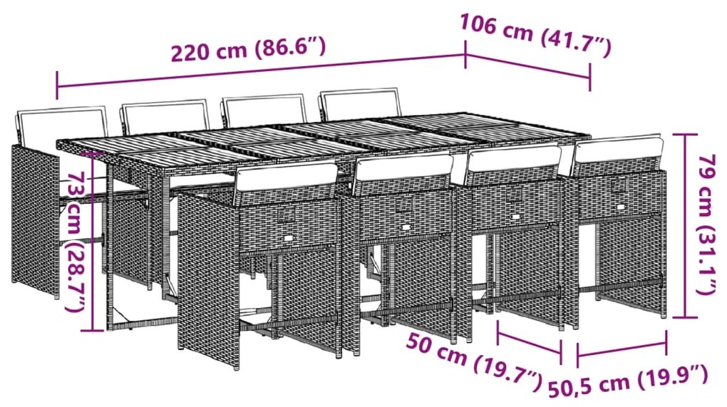 9 pcs conjunto de jantar p/ jardim c/ almofadões vime PE cinza