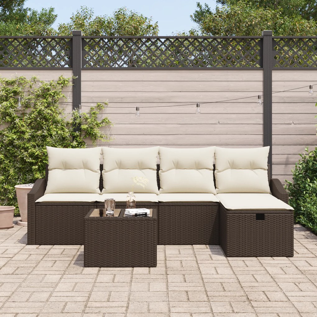Conjunto de Sofá de Jardim com Almofadas Castanho Poliratan