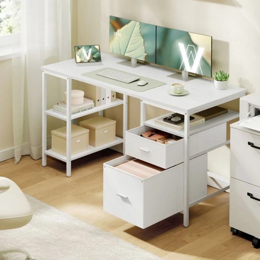Secretaria 140 x 60 x 76 cm com 3 prateleiras e 2 gavetas tecido, branca