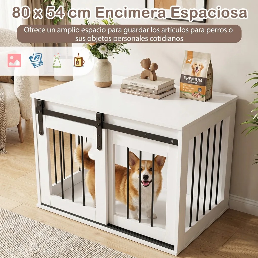 Gaiola para cães 80 x 54 x 57 cm com porta de correr, estilo celeiro, Estrutura metálica com acabamento em madeira, para cães de pequeno e médio porte