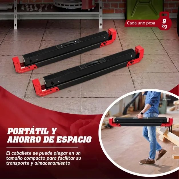 2 cavaletes dobráveis de aço com 2 x 4 braços de suporte Altura ajustável 61,5-82,7 cm Cavaletes portáteis para serras até 1180 kg Preto + vermelho