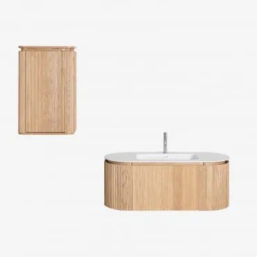 Conjunto De Móvel De Casa De Banho Suspenso Em Madeira Com Lavatório Integrado Carsone Madeira Natural & Madeira Natural & Sem Espelho & Cinzento Esco