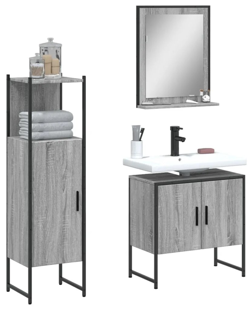 vidaXL 3 pcs conjunto móveis WC derivados de madeira cinzento sonoma