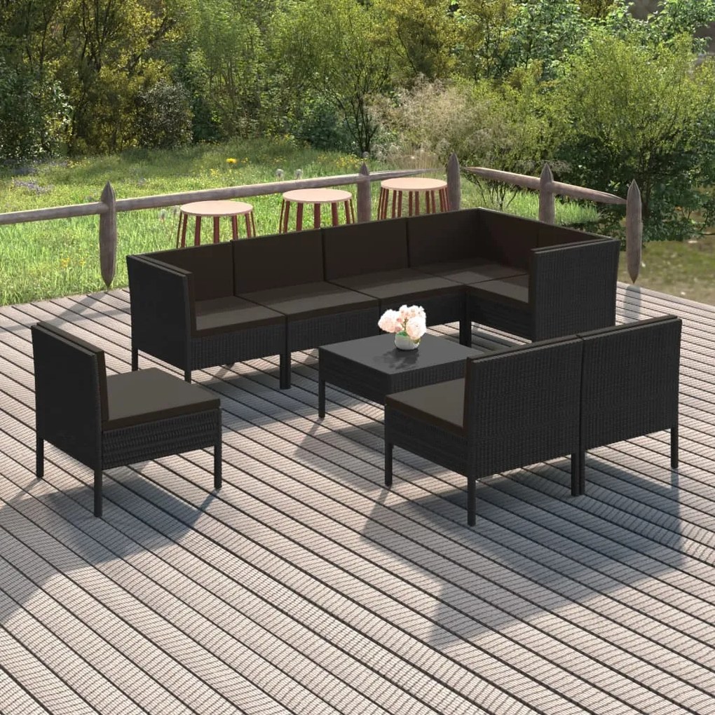 vidaXL 9 pcs conjunto lounge de jardim c/ almofadões vime PE preto