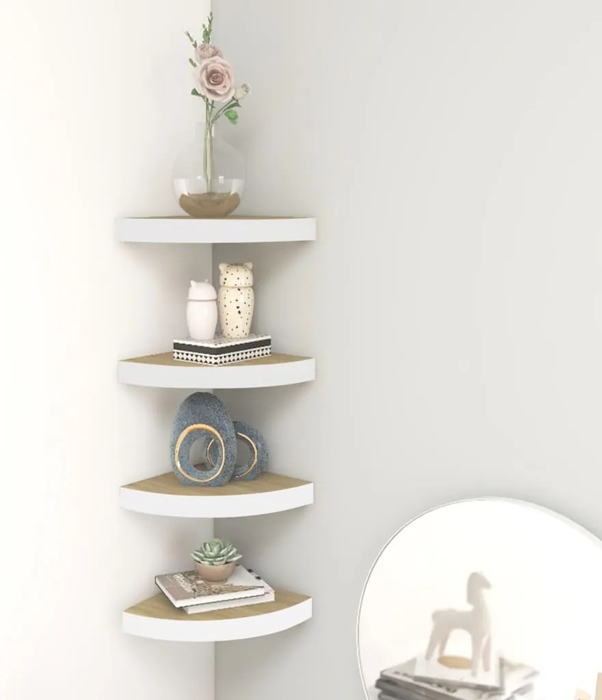 Prateleiras canto parede 4 pcs 35x35x3,8 cm MDF carvalho/branco