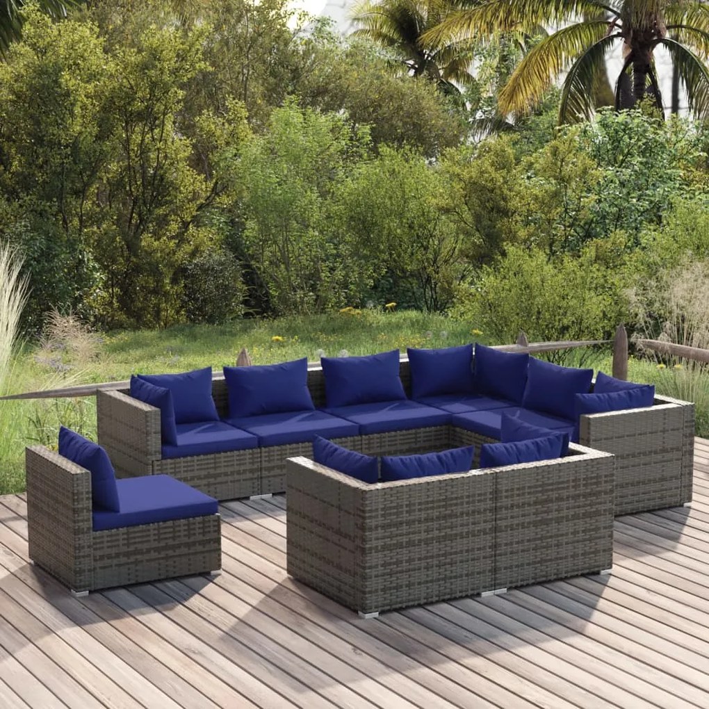 vidaXL 9 pcs conjunto lounge de jardim c/ almofadões vime PE cinzento