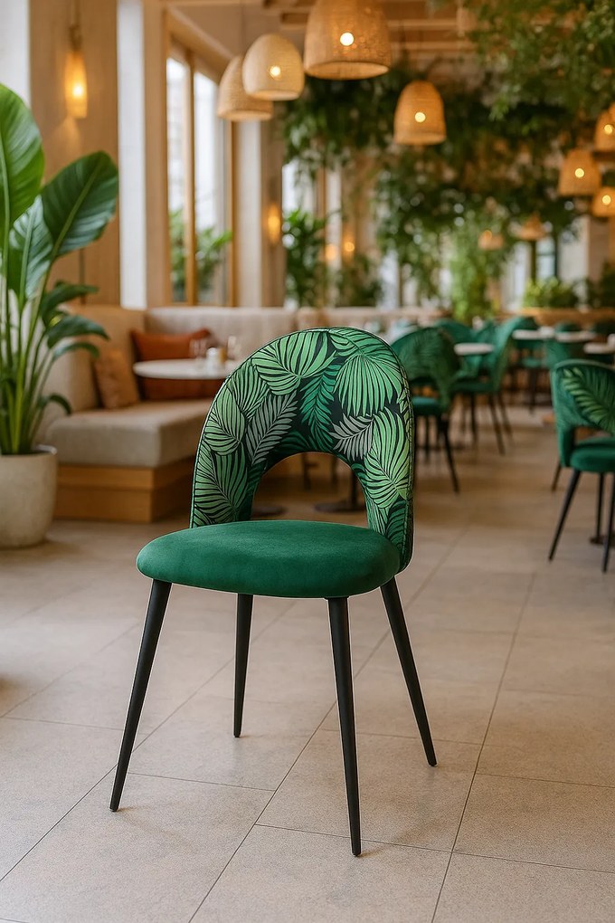 Conjunto 2 Cadeiras Cozinha, sala  ORQUIDEA, metal, tecido veludo verde com encosto florais combinando