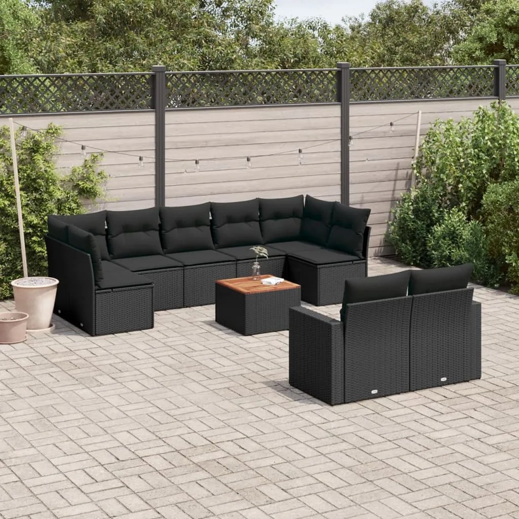 10 pcs conjunto sofás de jardim c/ almofadões vime PE preto