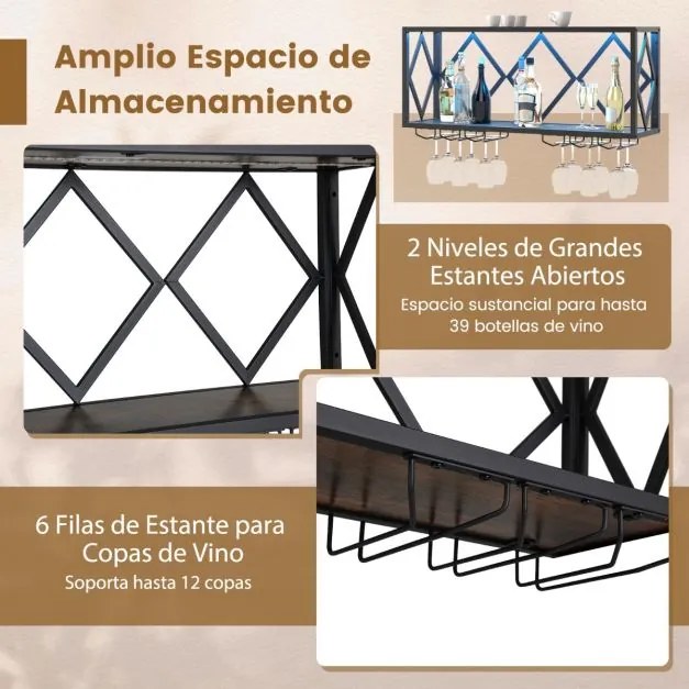 Garrafeira parede para vinho com luzes LED e 6 suportes para copos Capacidade para 39 garrafas e 12 copos para casa Bar 51 x 26,5 x 60 cm Castanho + P