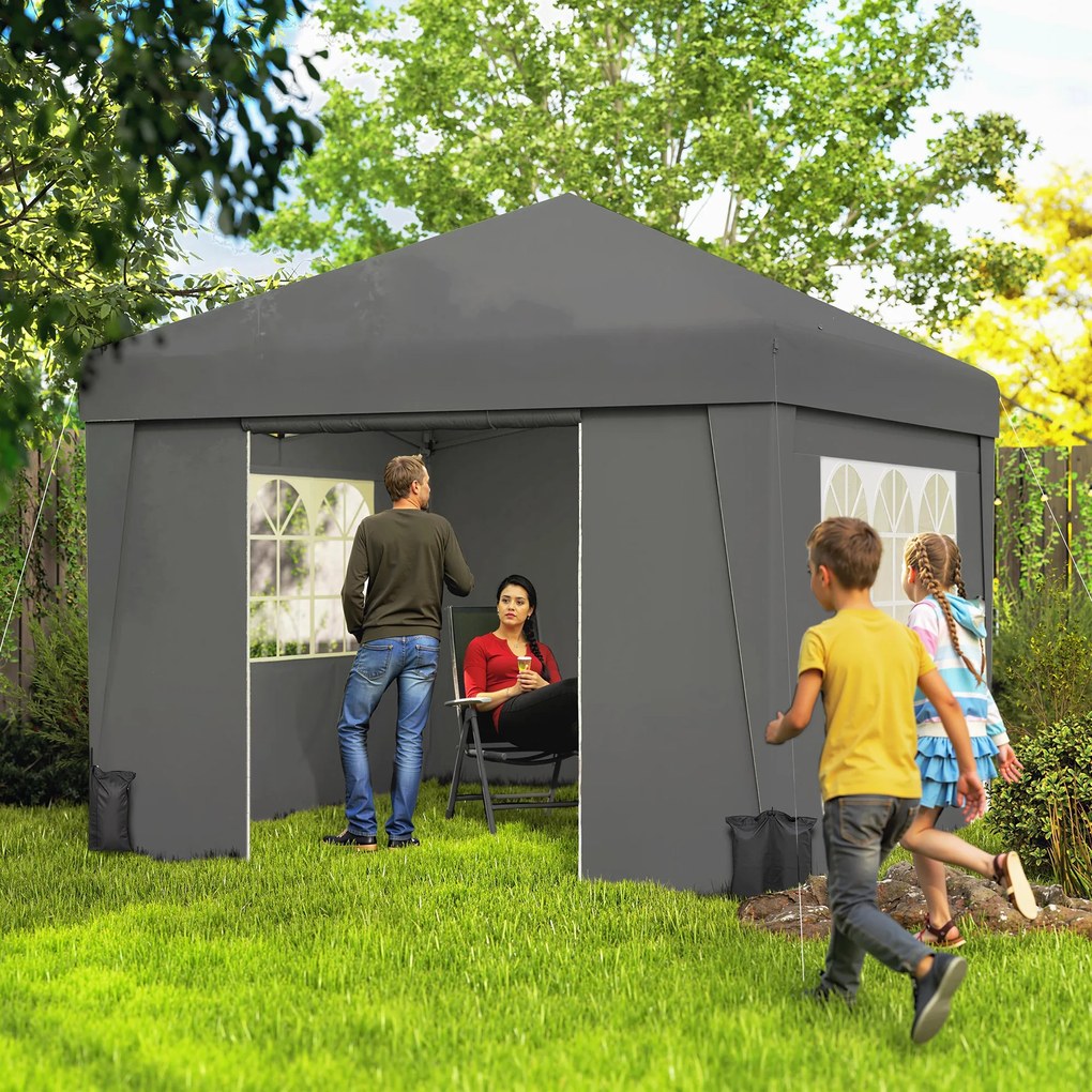 Tenda de jardim dobrável 3 x 3 x 2,75 m com proteção UV 30+ com janelas + paredes laterais + saco de transporte cinzento escuro