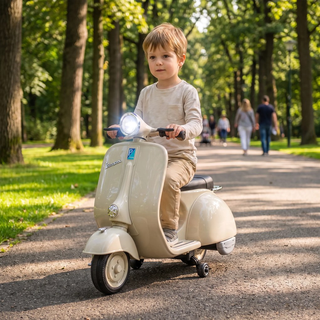 Mota Elétrica Infantil VESPA com Arranque Suave Rodinhas Luz Música e USB Bege