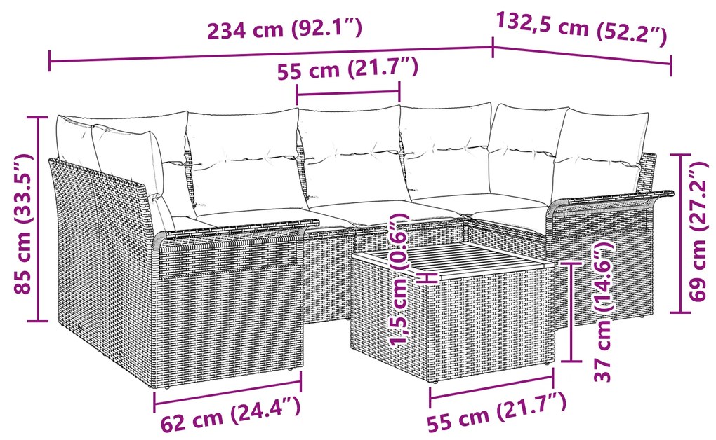 Conjunto de Sofá de Jardim vidaXL 7 Peças com Almofadas Bege Vime e Ac