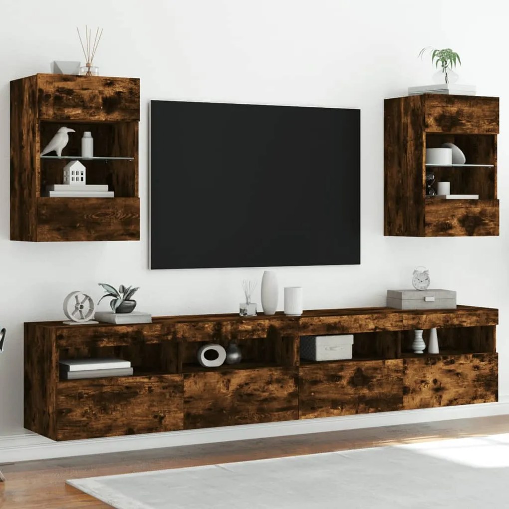 vidaXL Armários de parede com luzes LED para TV 2 pcs carvalho fumado