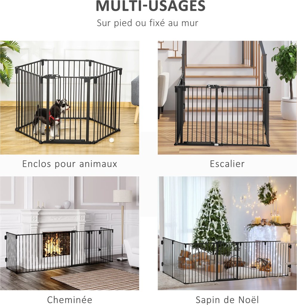 Barreira de Segurança para Animais Dobrável e Modulável, 362,5 x 2 x 76 cm, 6 Painéis com Porta, Preto