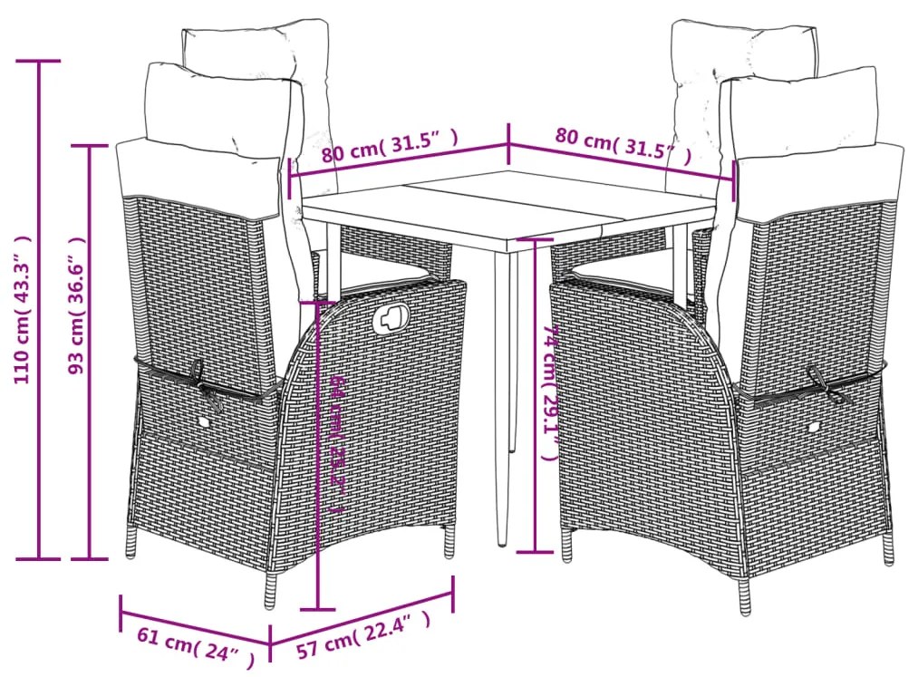 5 pcs conjunto de jantar p/ jardim com almofadões vime PE bege