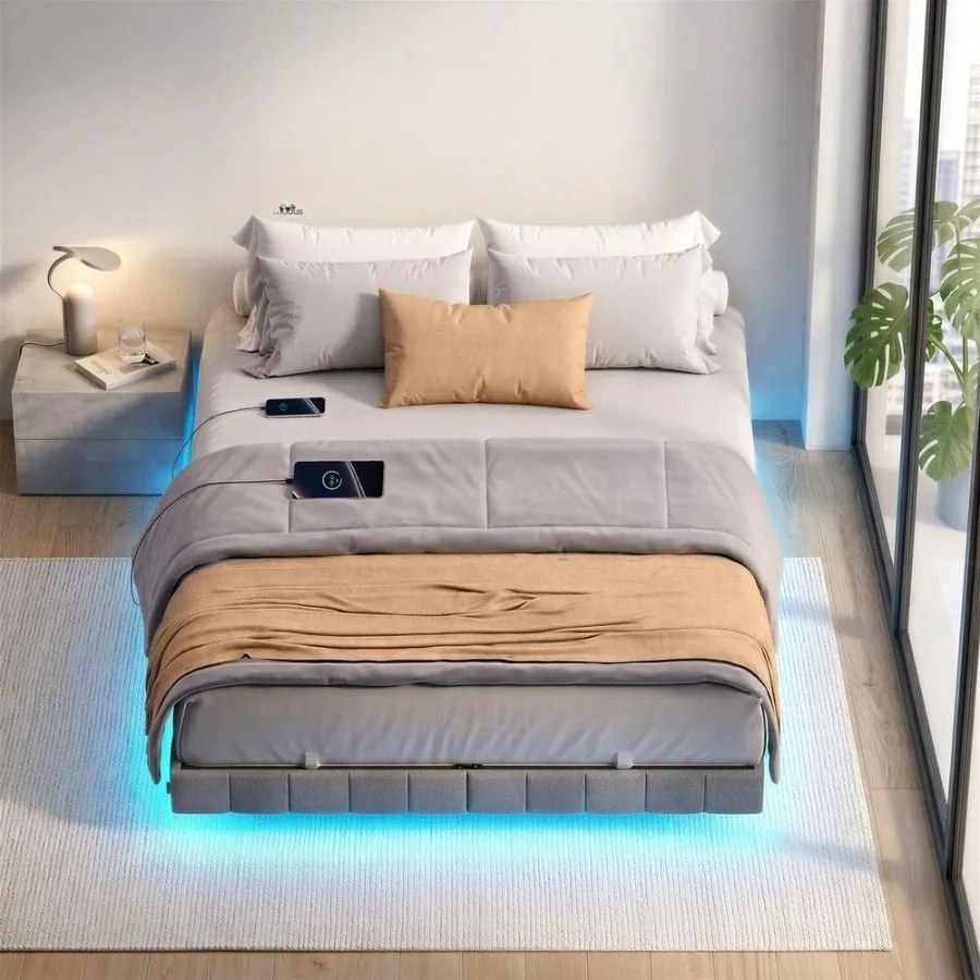 Estrutura de cama 160 x 200 cm, com iluminação LED, base de cama (COLCHÃO NÃO INCLUIDO) Cinza