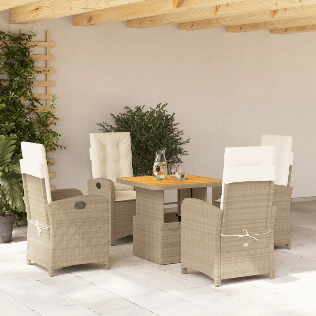 vidaXL 5 pcs conjunto de jantar p/ jardim com almofadões vime PE bege