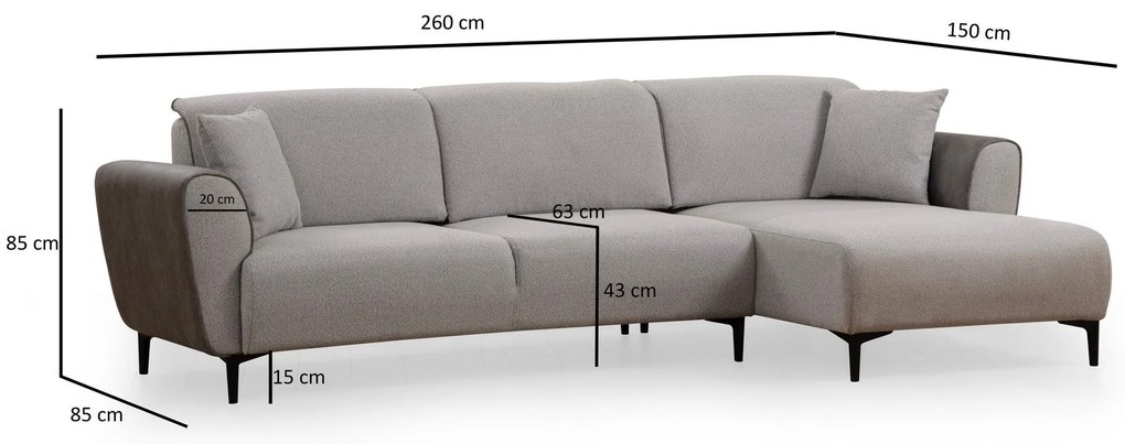 Sofá-Cama de Canto Aren – Cinzento – 150 x 260 cm
