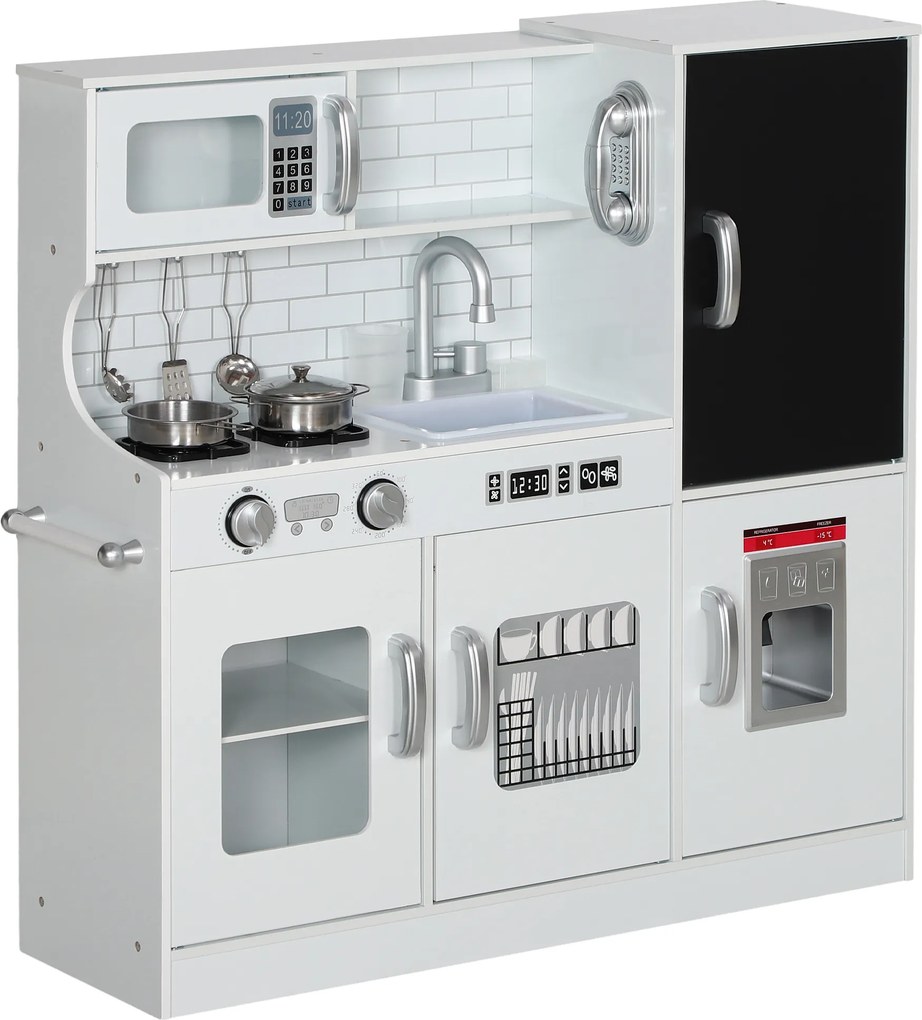 AIYAPLAY Cozinha de Brincar para Crianças Cozinha Infantil de Madeira com Acessórios Máquina de Gelo e Ardósia 83,8x26,8x81 cm Branco