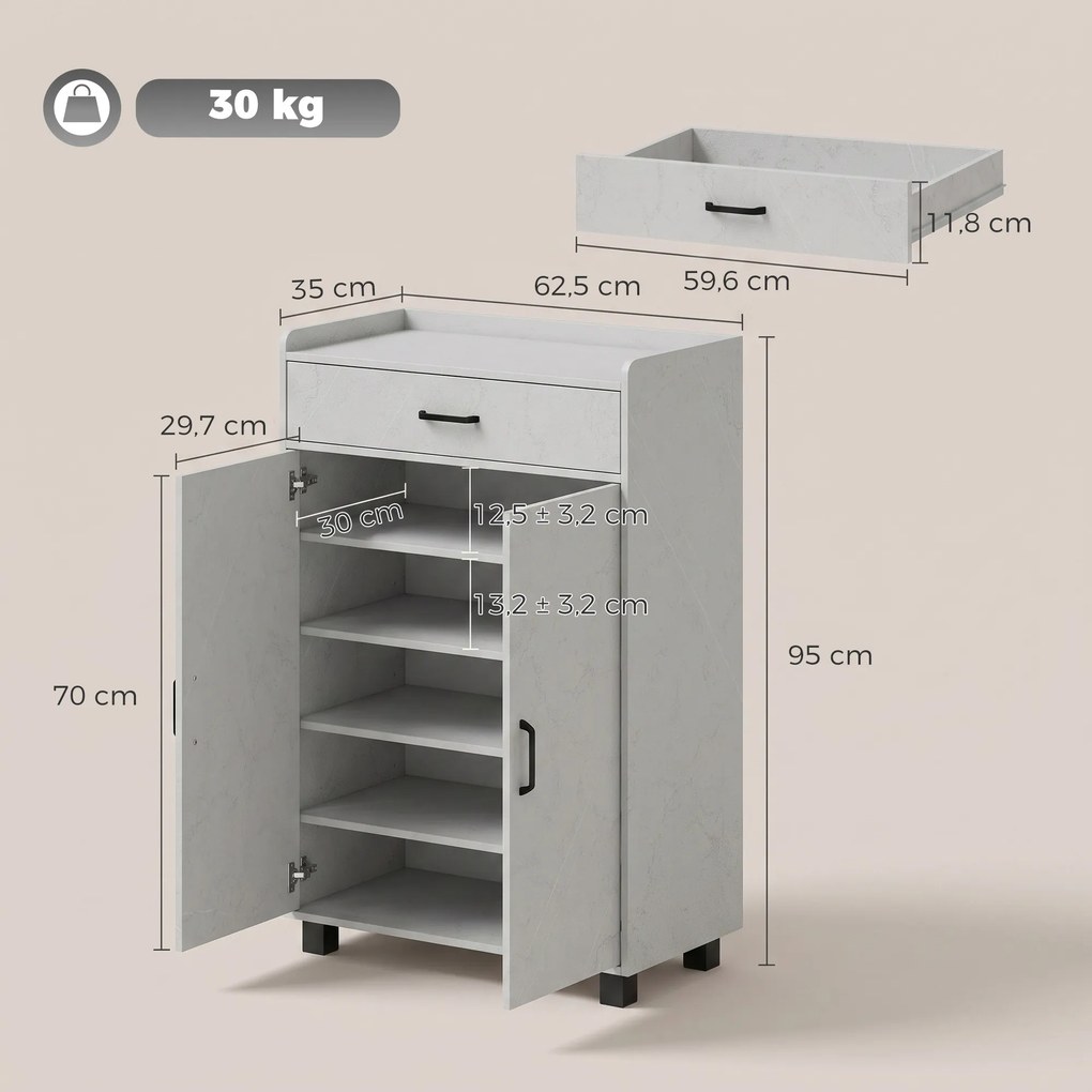 Sapateira, Móvel para Sapatos com 2 Portas, 62,5 x 35 x 95 cm, Prateleiras Reguláveis, Cinzento