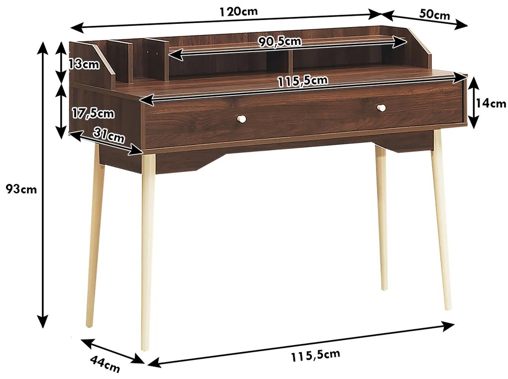 Secretária Mesa de computador com gaveta, pés de madeira de borracha e 2 compartimentos para escritório de estudo 120 x 50 x 93 cm Castanho