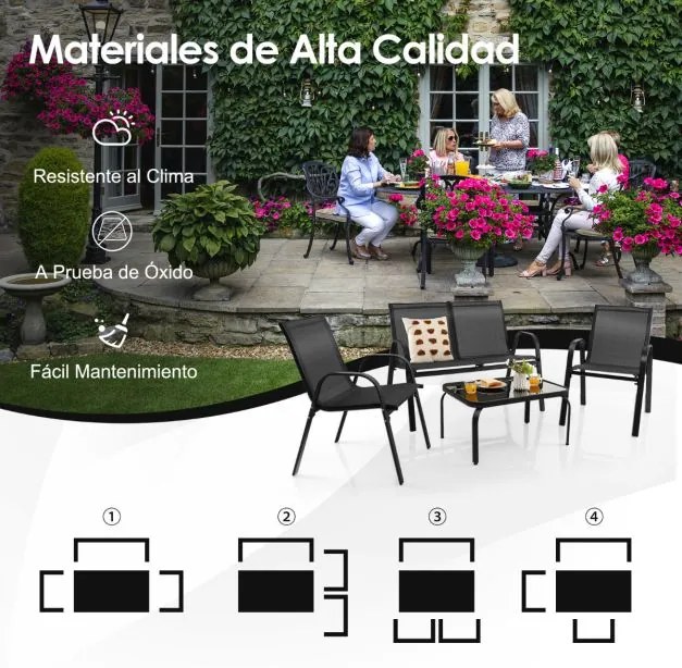 Conjunto de móveis de jardim de 4 peças com mesa de café de vidro temperado, banco e 2 cadeiras jardim Pátio Piscina