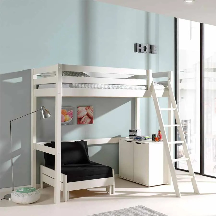 Cama alta de Criança PINO 90 x 200 cm + estrado + escada + armário com 2 portas + sofá-cama Branca