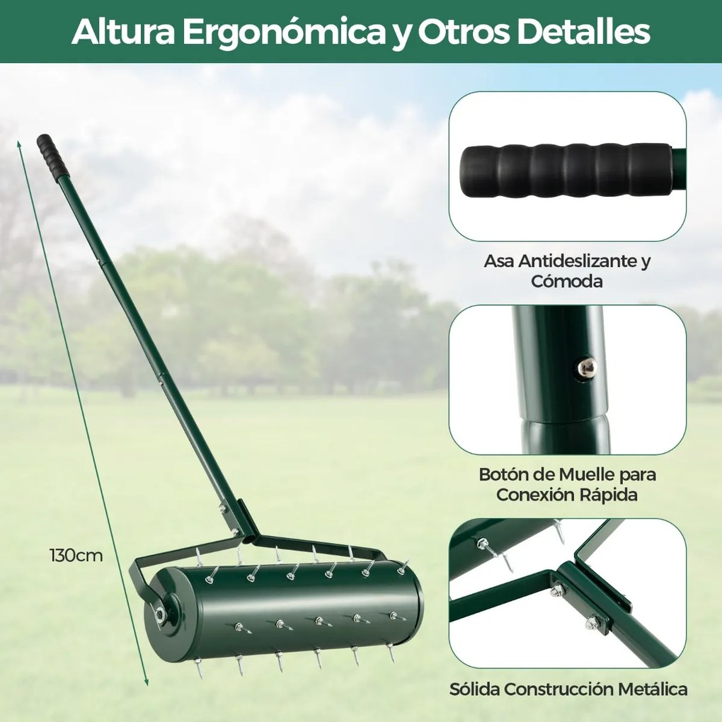 Rolo de relva Aerador de relva com cabo amovível 130 cm Dentes para jardim pátio Fácil de montar Verde