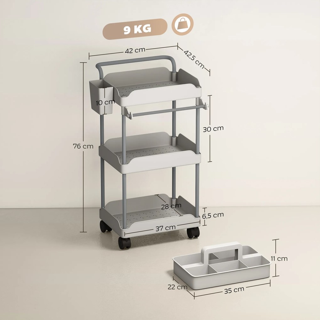 Carrinho Auxiliar com Rodas de 3 Níveis com Cestos Extraíveis Suporte para Toalhas e Estrutura de Metal 42x42,5x76 cm Cinza
